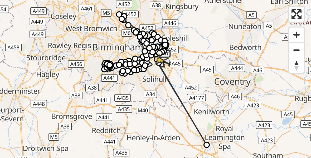 Flight path map showing Police Helicopter route from Solihull to Birmingham Airport