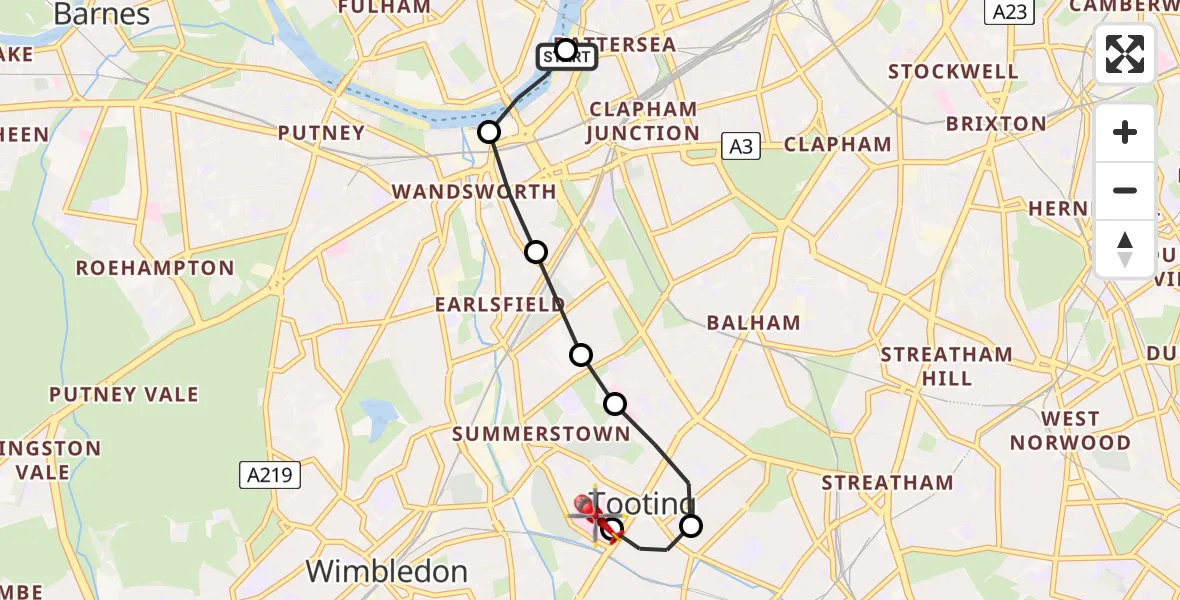 Flight path map showing Air Ambulance Helicopter route from London Heliport to St Georges Hospital