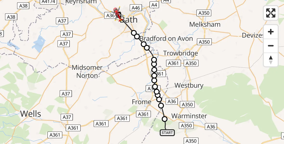 Flight path map showing Air Ambulance Helicopter route from Horningsham to Royal United Hospital Bath