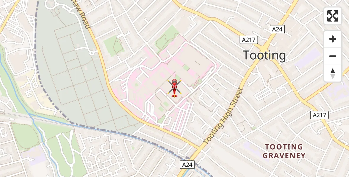 Flight path map showing Air Ambulance Helicopter route from St Georges Hospital to St Georges Hospital