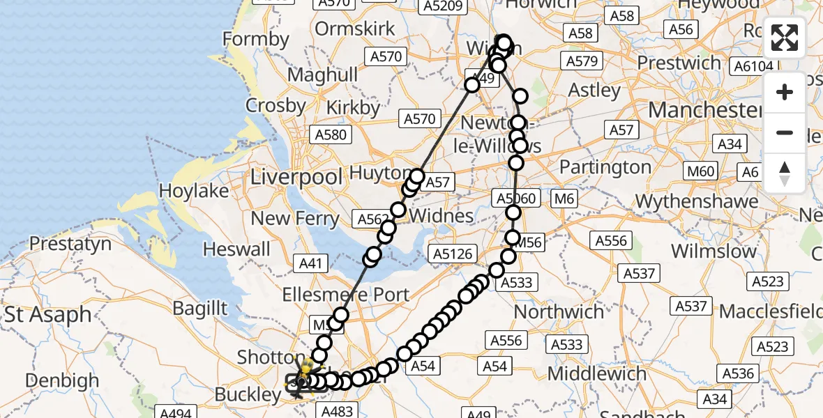 Flight path map showing Police Helicopter route from Hawarden Airport to Sandycroft