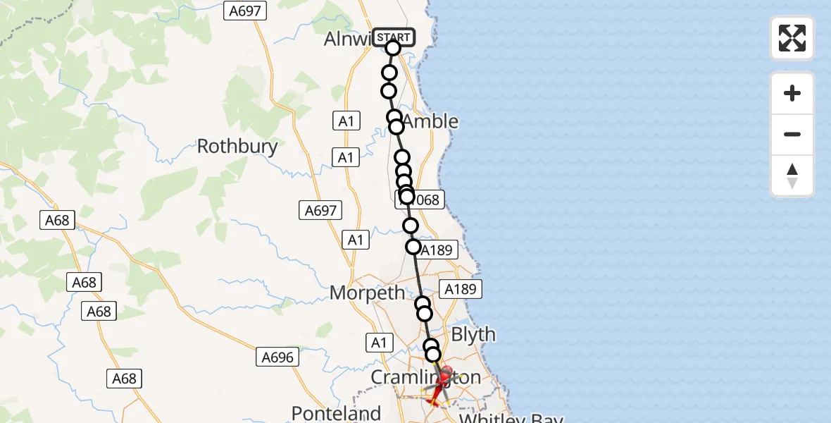 Flight path map showing Air Ambulance Helicopter route from Lesbury to Cramlington