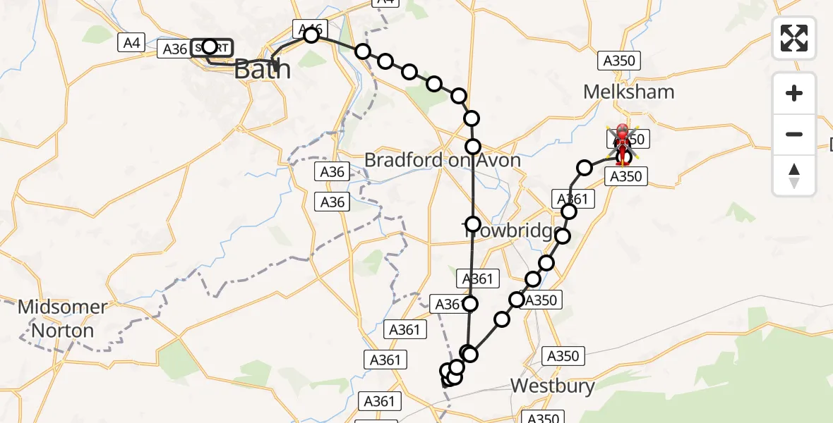 Flight path map showing Air Ambulance Helicopter route from Royal United Hospital Bath to Wiltshire Air Ambulance