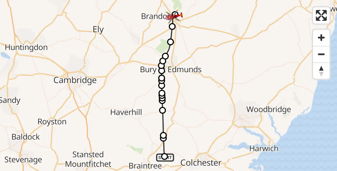 Flight path map showing Air Ambulance Helicopter route from Earls Colne Airfield to Thetford