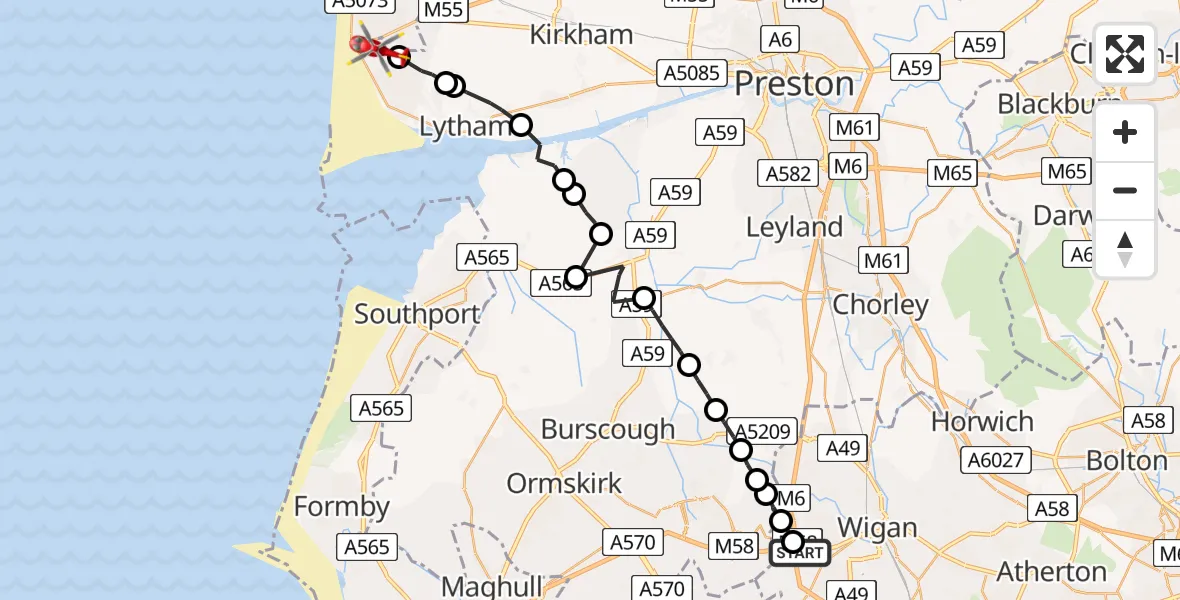 Flight path map showing Air Ambulance Helicopter route from Wigan to Blackpool Airport