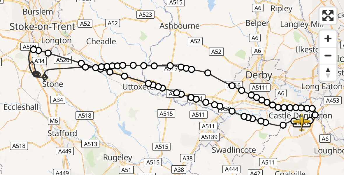 Flight path map showing Police Aircraft route from East Midlands Airport to East Midlands Airport