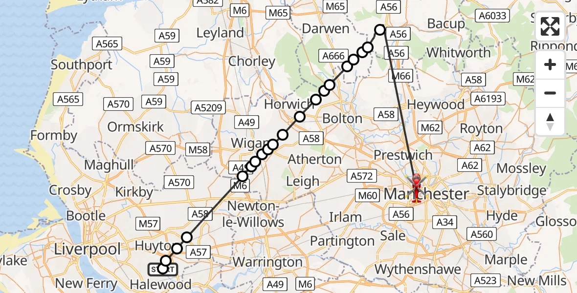 Flight path map showing Air Ambulance Helicopter route from Netherley to Ordsall