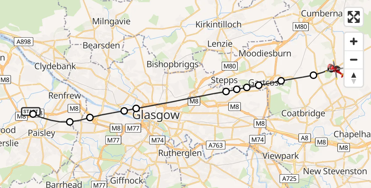 Flight path map showing Air Ambulance Helicopter route from Glasgow Airport to Wattston