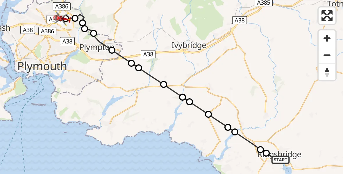 Flight path map showing Air Ambulance Helicopter route from Kingsbridge to Estover