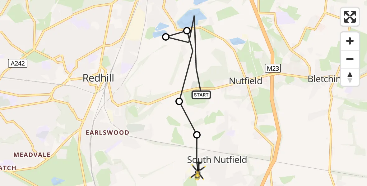 Flight path map showing Police Helicopter route from Nutfield to South Nutfield