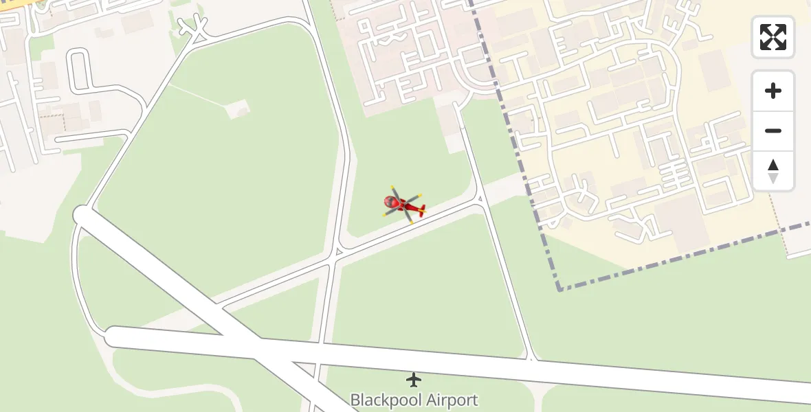Flight path map showing Air Ambulance Helicopter route from Blackpool Airport to Blackpool Airport