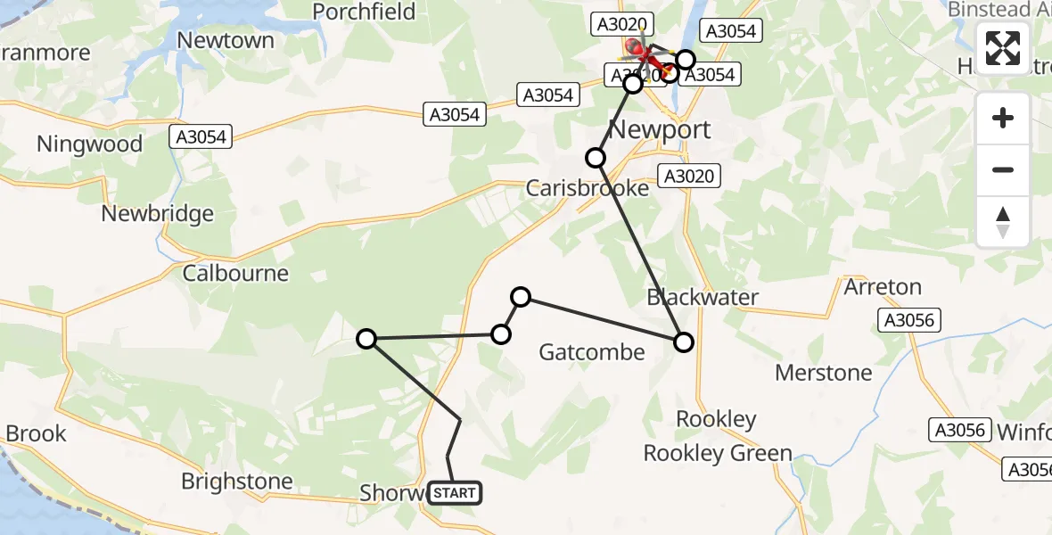 Flight path map showing Air Ambulance Helicopter route from Shorwell to Newport