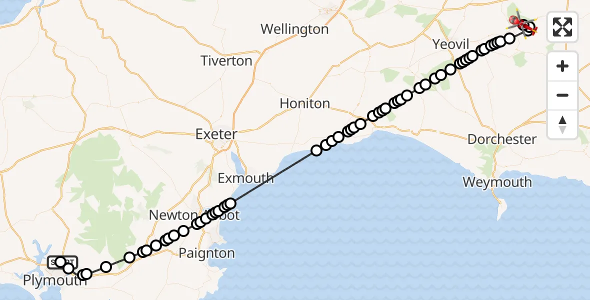 Flight path map showing Air Ambulance Helicopter route from Derriford Hospital to Henstridge Airfield
