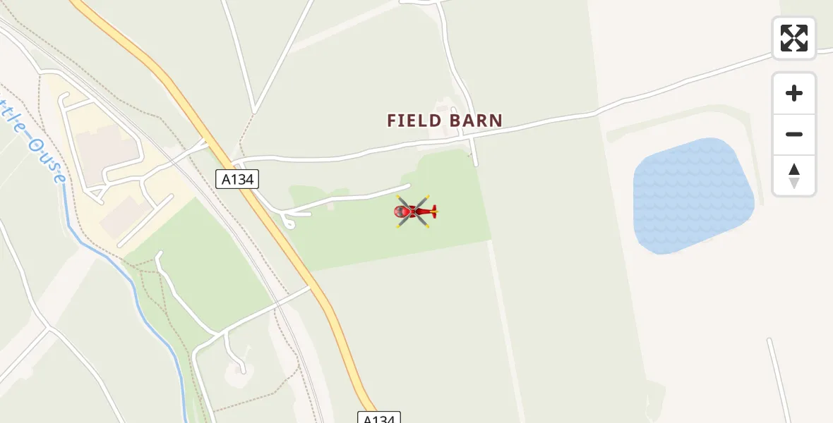 Flight path map showing Air Ambulance Helicopter route from Thetford to Thetford