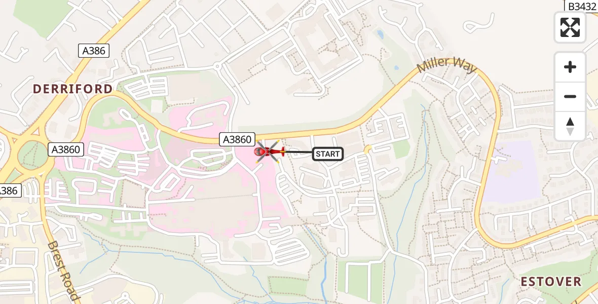 Flight path map showing Air Ambulance Helicopter route from Derriford Hospital to Derriford Hospital