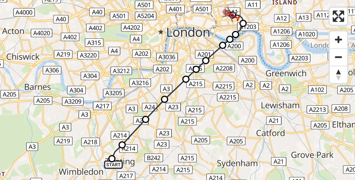 Flight path map showing Air Ambulance Helicopter route from St Georges Hospital to Royal London Hospital