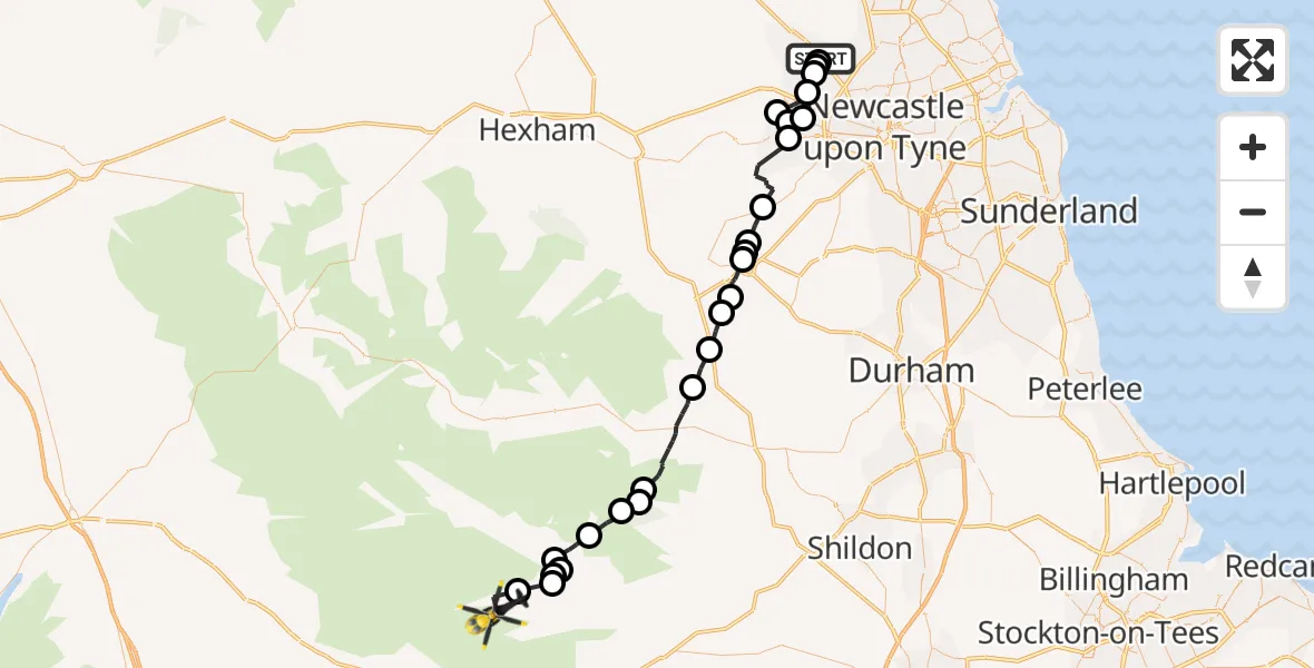 Flight path map showing Police Helicopter route from Newcastle International Airport to Mickleton