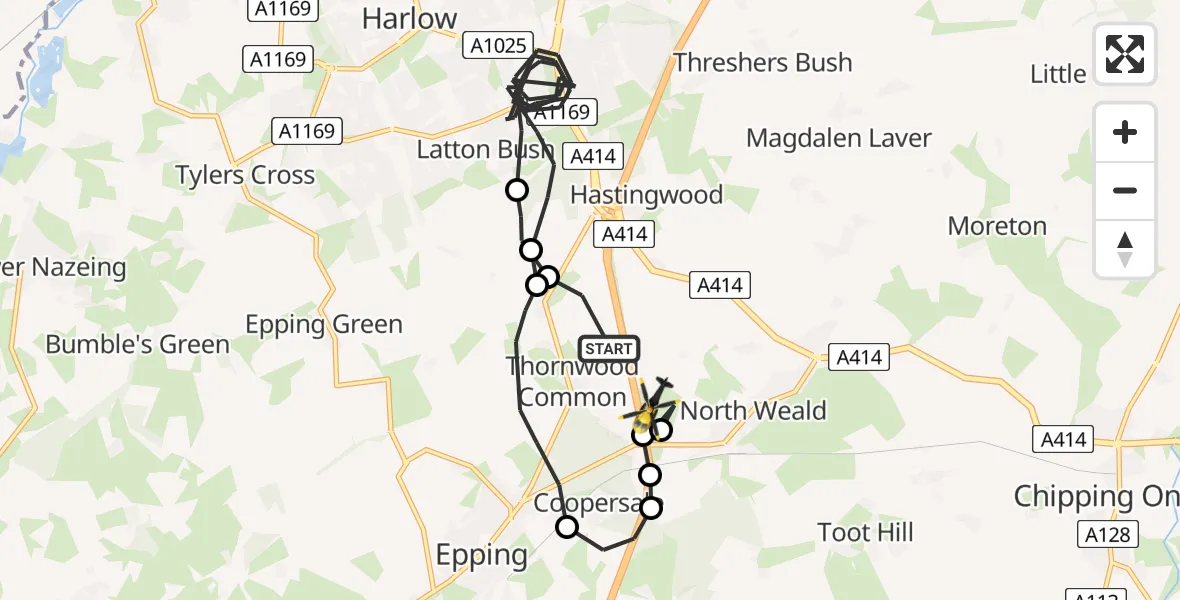 Flight path map showing Police Helicopter route from North Weald Bassett to North Weald Airfield