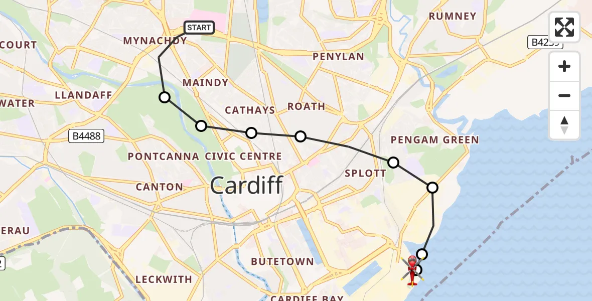 Flight path map showing Air Ambulance Helicopter route from Birchgrove to Cardiff Heliport