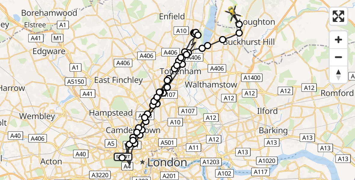 Flight path map showing Police Helicopter route from City of Westminster to Metropolitan Police Air Support Unit Lippitts Hill