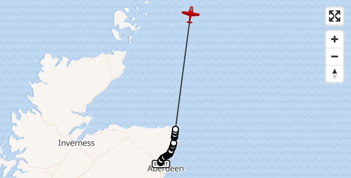 Flight path map showing Air Ambulance Aircraft route from Aberdeen International Airport to North Sea