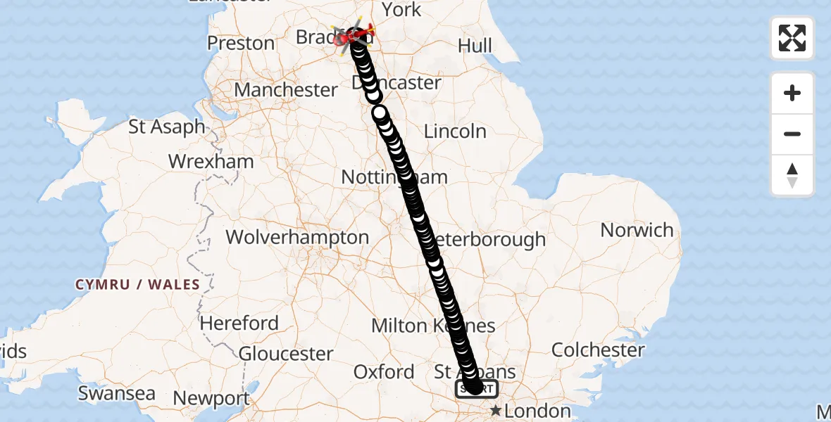 Flight path map showing Air Ambulance Helicopter route from Elstree Airfield to Woodhouse
