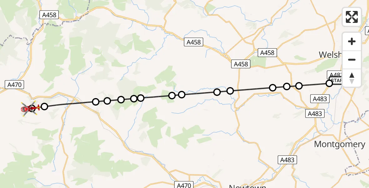 Flight path map showing Air Ambulance Helicopter route from Welshpool Airport to Darowen