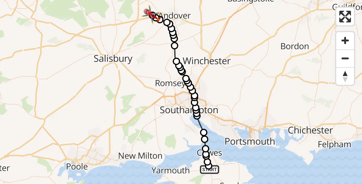 Flight path map showing Air Ambulance Helicopter route from St Marys Hospital Isle Of Wight to Thruxton Aerodrome