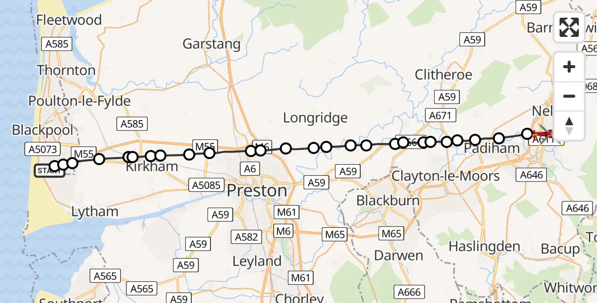 Flight path map showing Air Ambulance Helicopter route from Blackpool Airport to Pendle