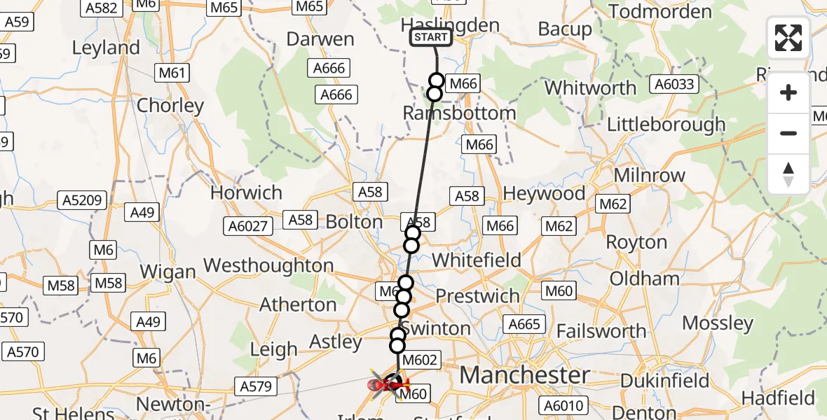 Flight path map showing Air Ambulance Helicopter route from Helmshore to Manchester Barton Aerodrome