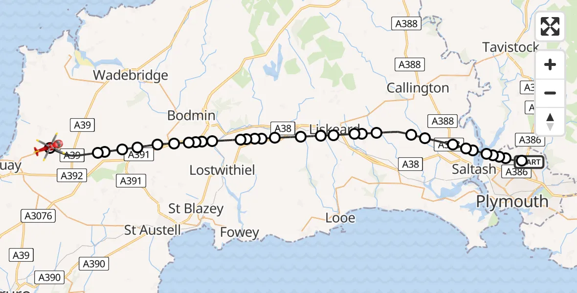 Flight path map showing Air Ambulance Helicopter route from Derriford Hospital to Cornwall Airport Newquay