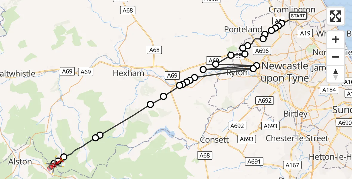 Flight path map showing Air Ambulance Helicopter route from Cramlington to West Allen