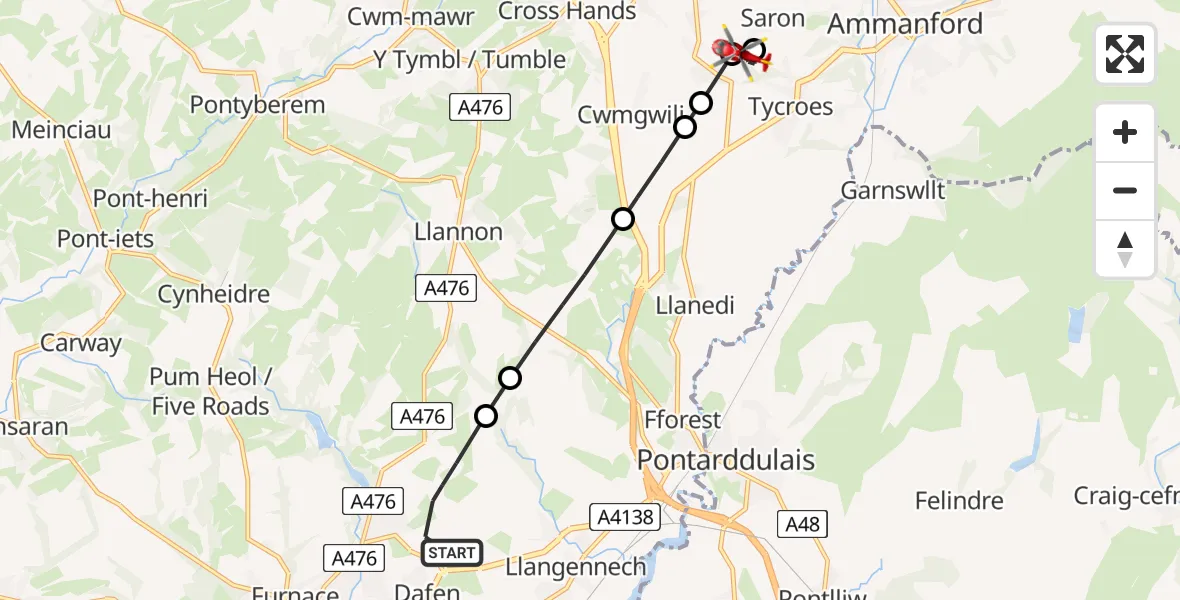 Flight path map showing Air Ambulance Helicopter route from Dafen to Saron