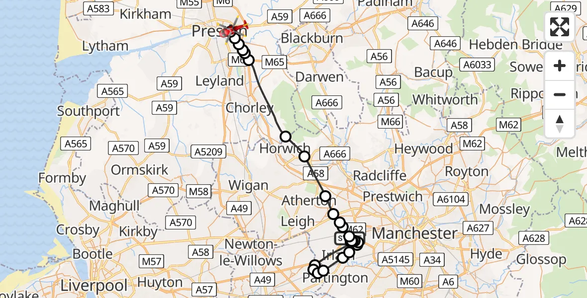 Flight path map showing Air Ambulance Helicopter route from Manchester Barton Aerodrome to Preston