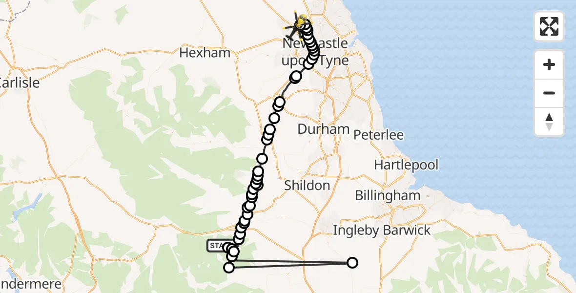 Flight path map showing Police Helicopter route from Scargill to Newcastle International Airport
