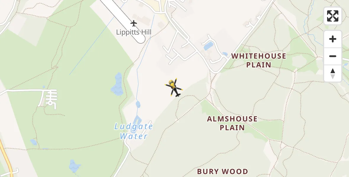 Flight path map showing Police Helicopter route from Metropolitan Police Air Support Unit Lippitts Hill to Metropolitan Police Air Support Unit Lippitts Hill