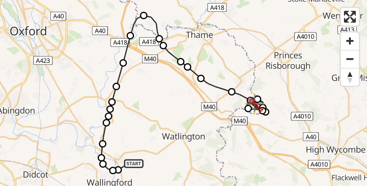 Flight path map showing Air Ambulance Helicopter route from RAF Benson to Chinnor