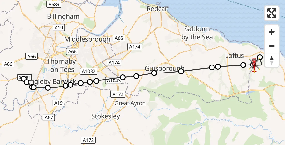 Flight path map showing Air Ambulance Helicopter route from Egglescliffe to Roxby