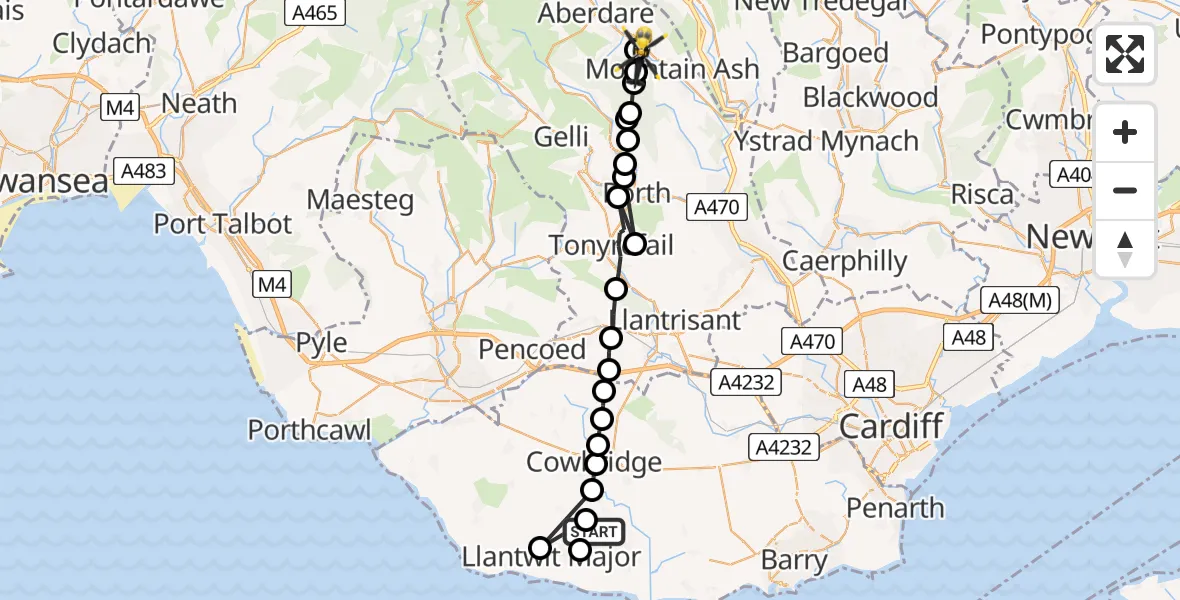 Flight path map showing Police Helicopter route from Eglwys Brewis to Fernhill