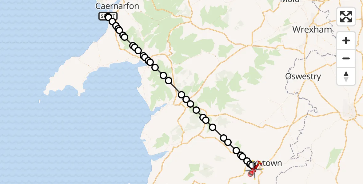 Flight path map showing Air Ambulance Helicopter route from Caernarfon Airport to Stepaside
