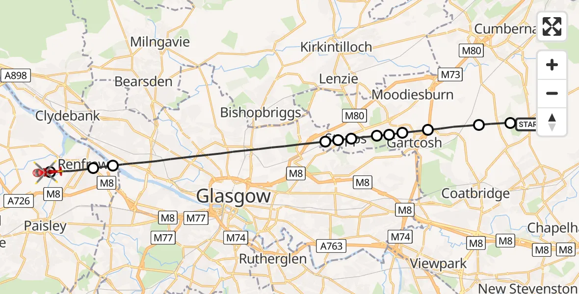 Flight path map showing Air Ambulance Helicopter route from Wattston to Paisley