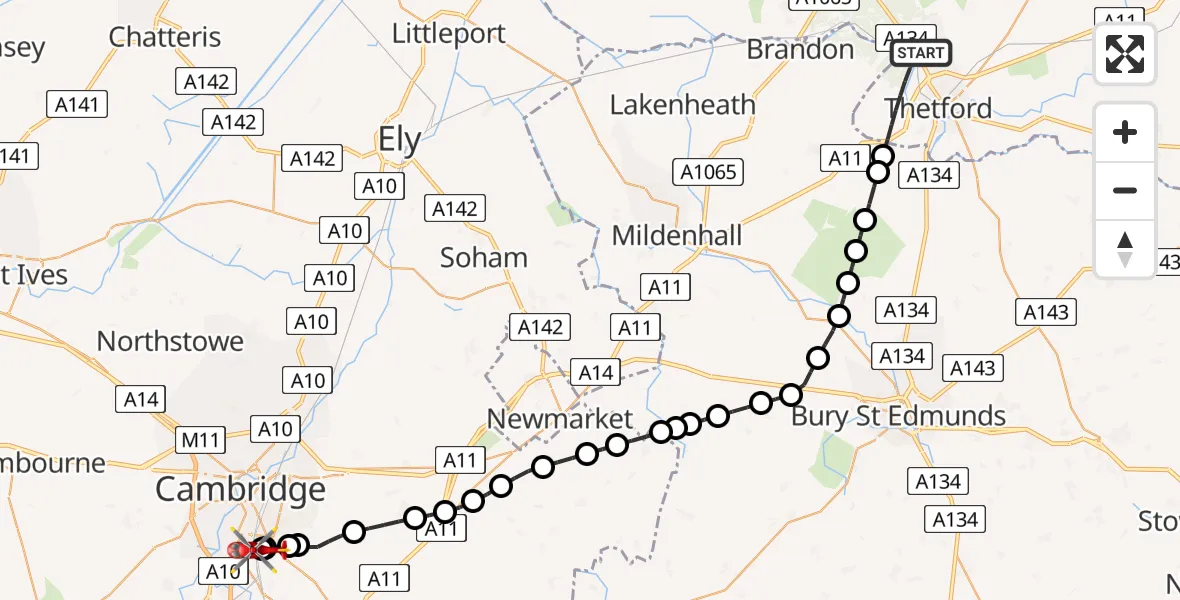 Flight path map showing Air Ambulance Helicopter route from Thetford to Papworth Hospital