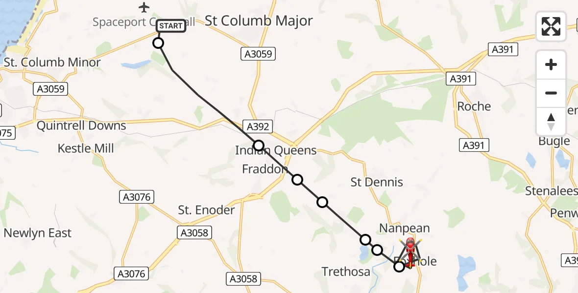 Flight path map showing Air Ambulance Helicopter route from Cornwall Airport Newquay to Foxhole