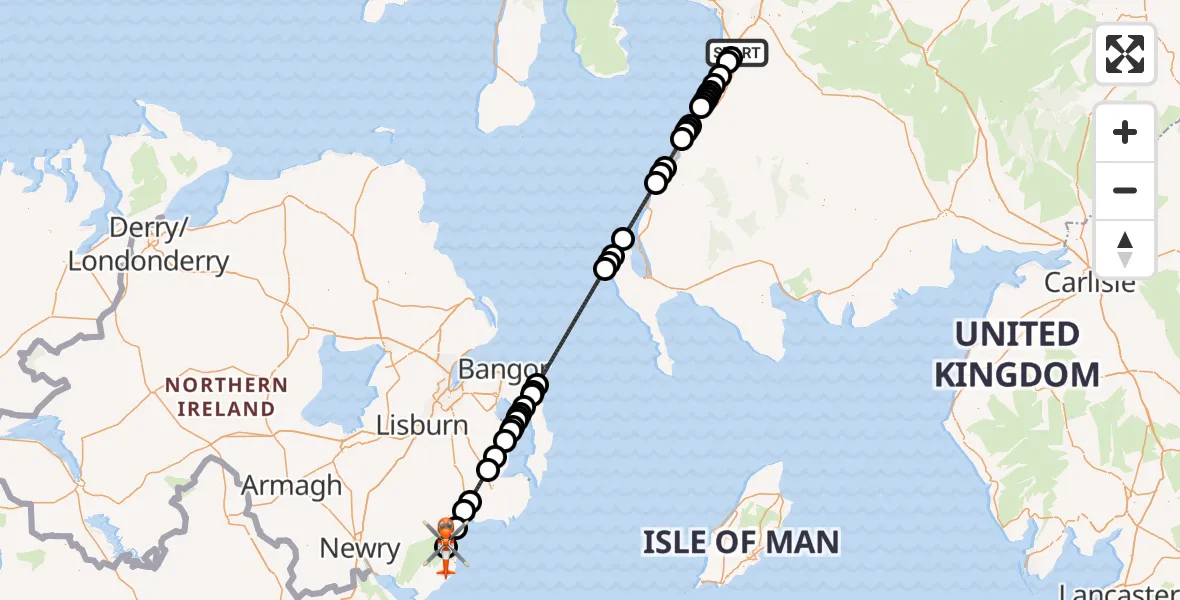 Flight path map showing Coastguard Helicopter route from Glasgow Prestwick Airport to Newry, Mourne and Down