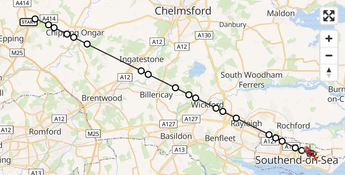 Flight path map showing Air Ambulance Helicopter route from North Weald Airfield to Southchurch