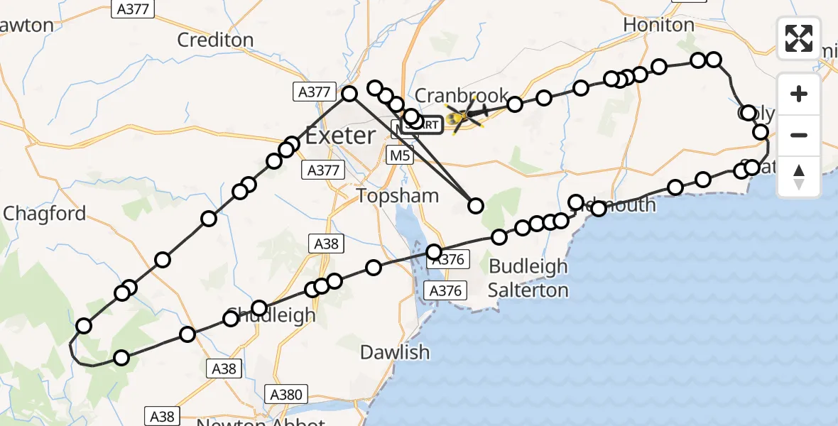 Flight path map showing Police Helicopter route from Clyst Honiton to Rockbeare