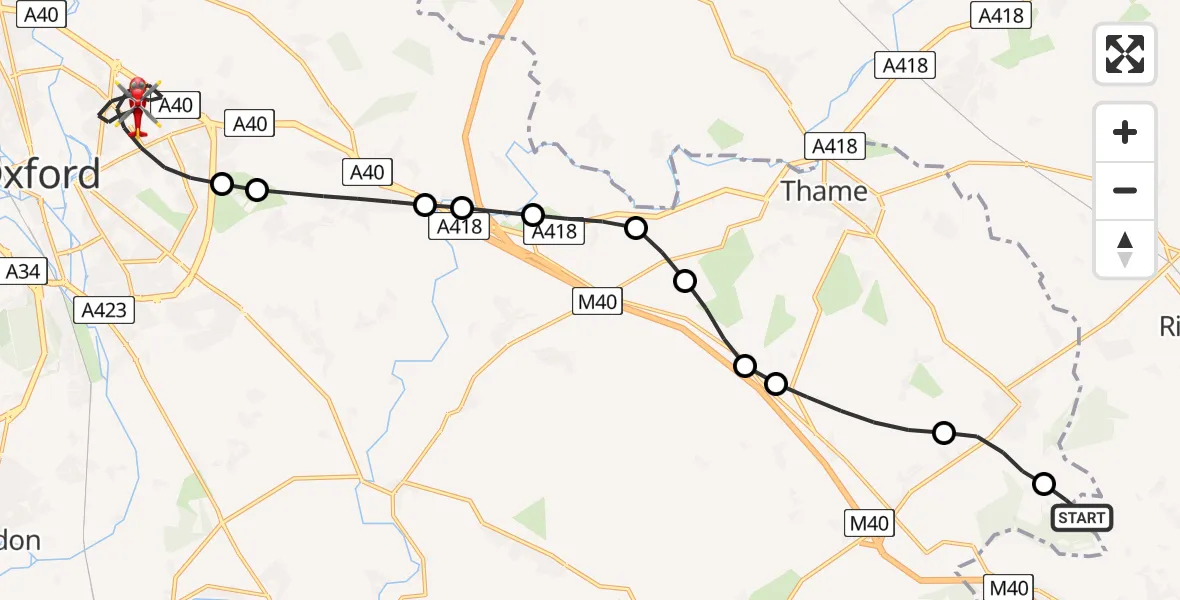 Flight path map showing Air Ambulance Helicopter route from Chinnor to Oxford