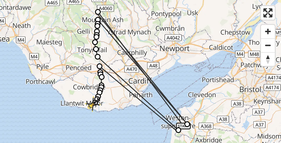 Flight path map showing Police Helicopter route from Weston-super-Mare to MOD St Athan
