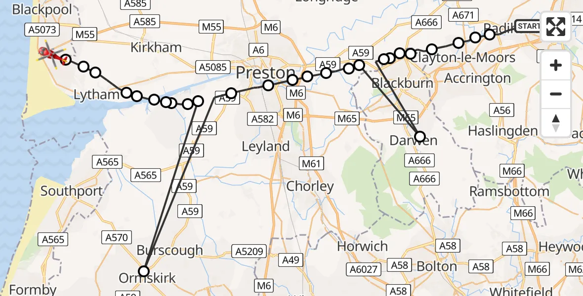 Flight path map showing Air Ambulance Helicopter route from Padiham to Blackpool Airport