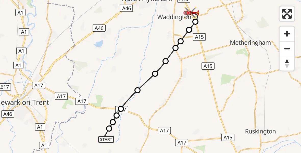 Flight path map showing Air Ambulance Helicopter route from South Kesteven to North Kesteven
